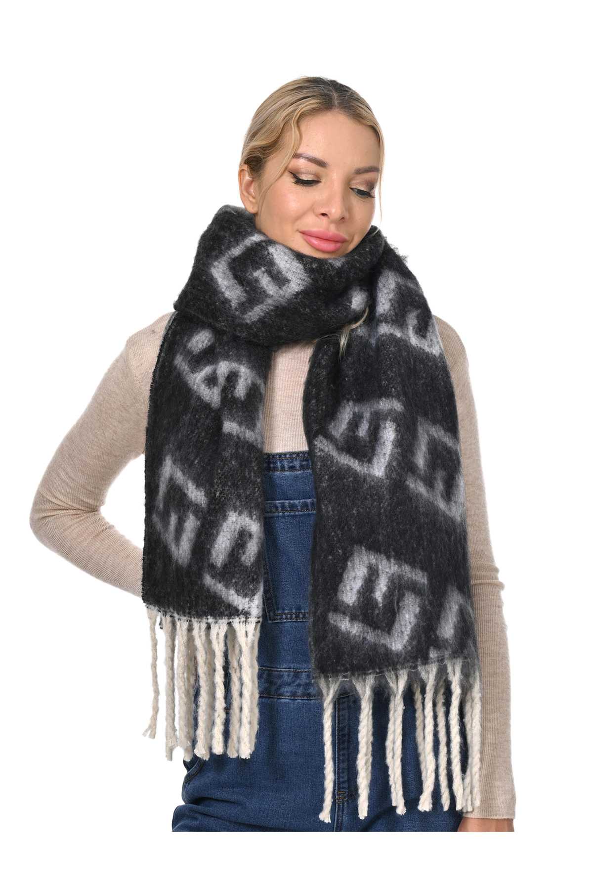 Greek Print Scarf With Fringe