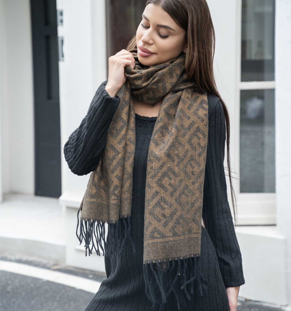 Greek Print Scarf With Fringe