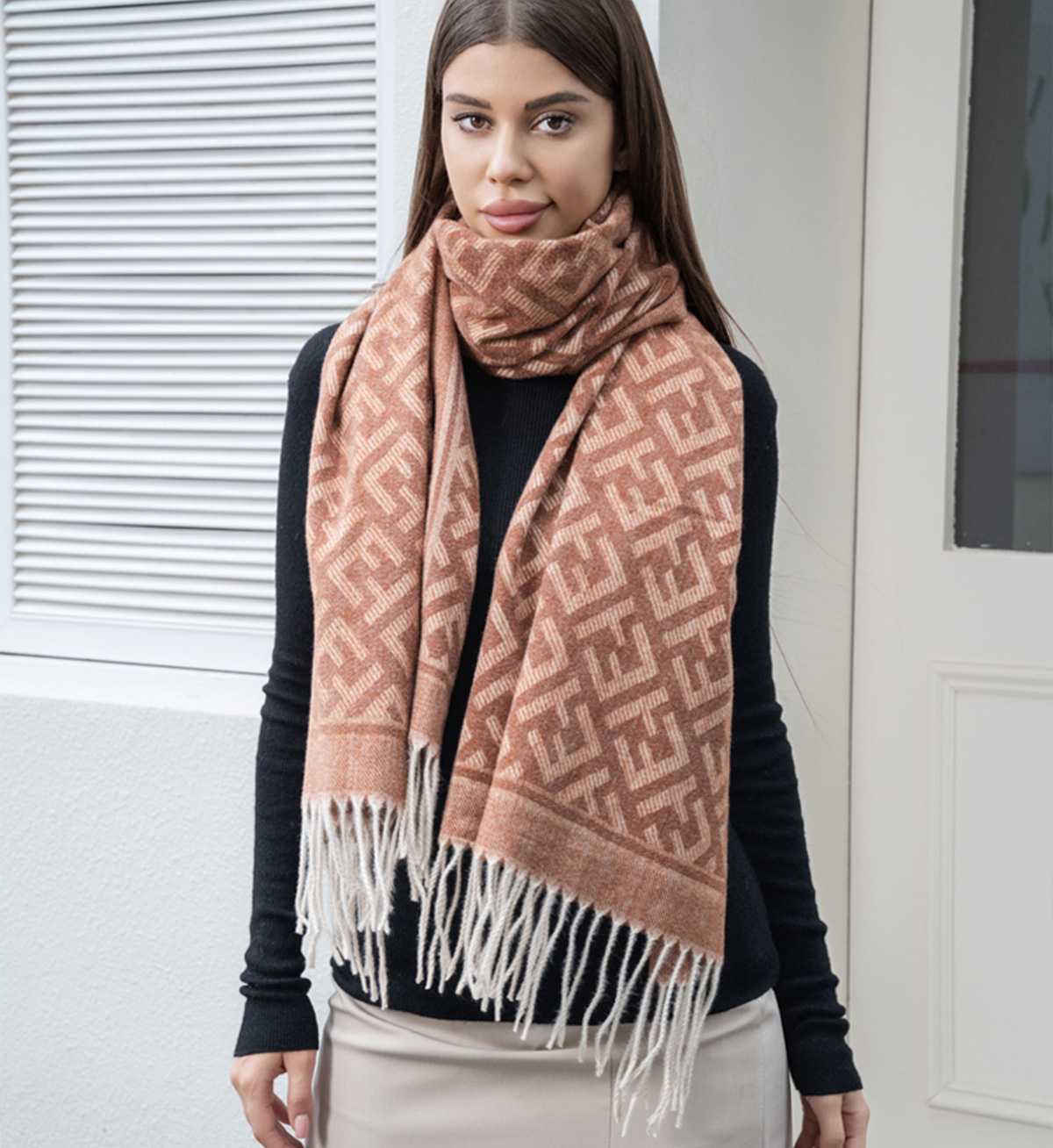 Greek Print Scarf With Fringe