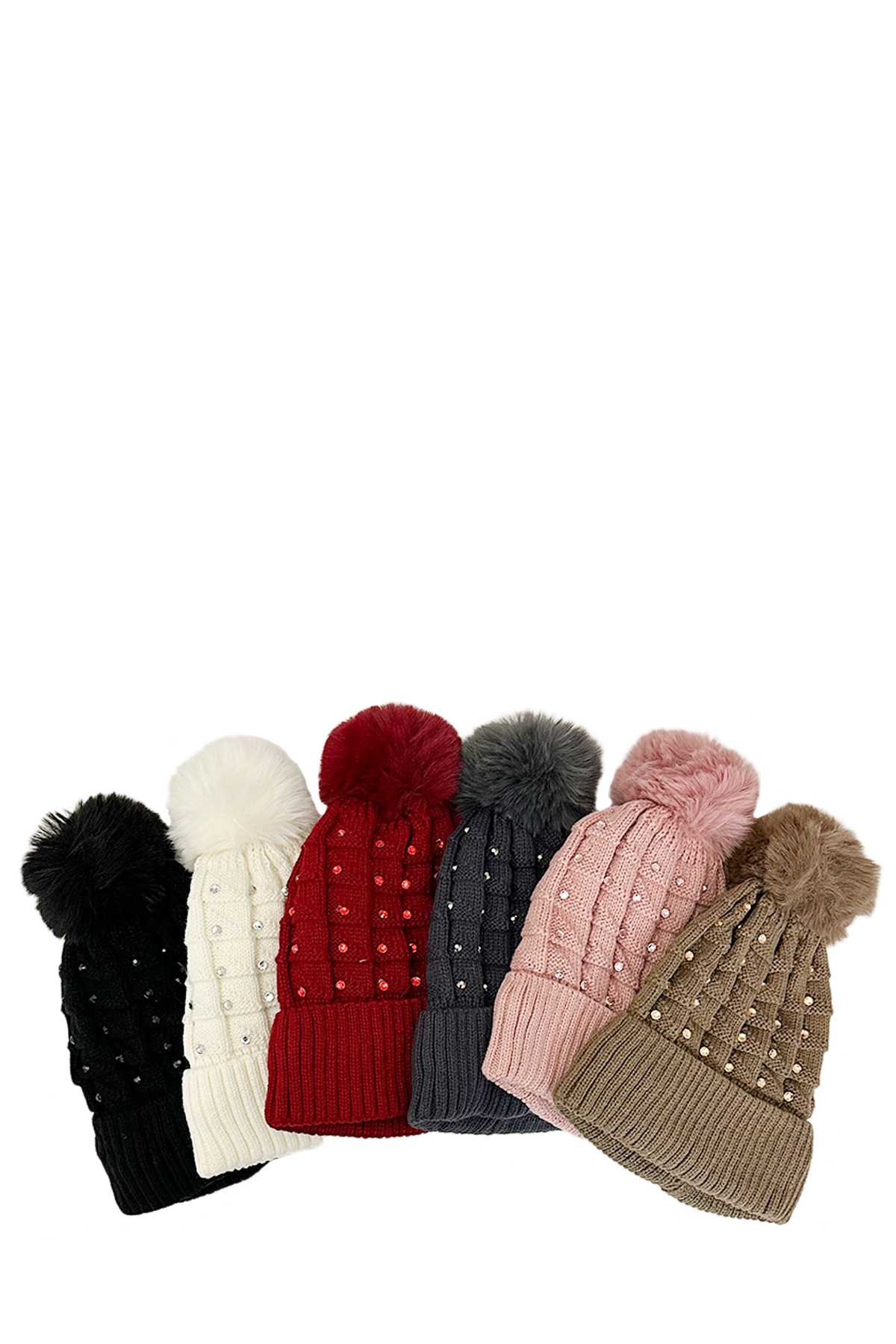 12pcs Pom Pom Beanie with Rhinestone Accent